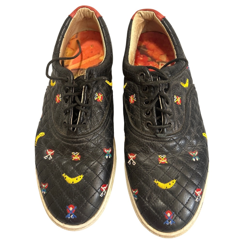 Del Toro Mens Quilted Black Leather Banana Embroidered Sneakers Made in Italy 13